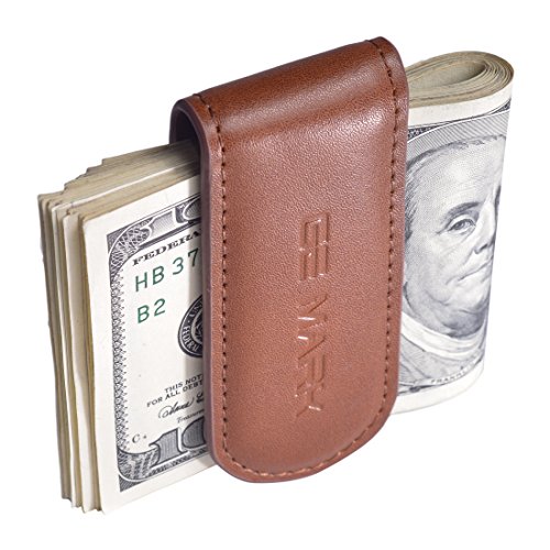 GE MARK Leather Money Clip - Strong Magnets Holds 30 banknotes - for Men - Cash & Card - Gift Box (brown)