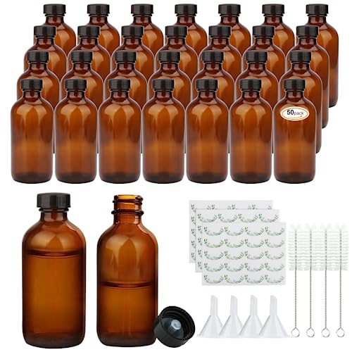 Maredash 4oz Amber Glass Bottles, Boston Round Glass Bottles (50 Pack) with Leak-proof Caps, Refillable Container for Homemade Vanilla Extract, Essential Oils, Herbal Medicine and More