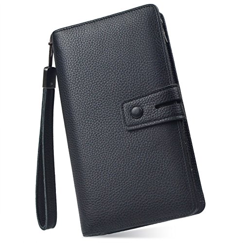 Bveyzi Women's Big Fat Rfid Leather Wristlet Wallet Organizer Large Phone Checkbook Holder with Zipper Pocket (Black)