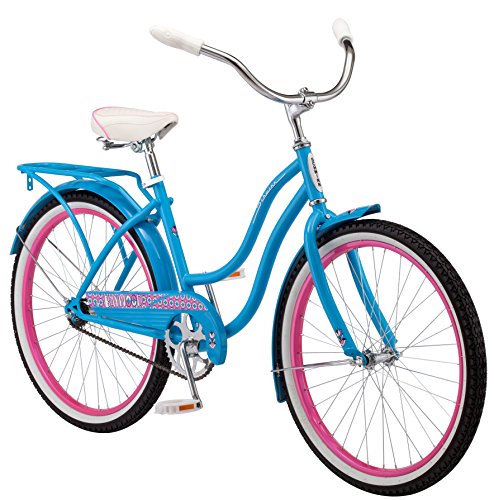 Schwinn Baywood Beach Cruiser Bike for Men Women, Ages 8 Up or Rider Height 4'8'-5'6', 24-Inch Wheels, Single Speed, Rear Cargo Rack, Bright Blue