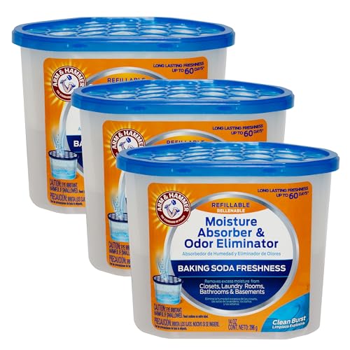 Arm & Hammer Clean Burst Moisture Absorber and Odor Eliminator Tubs, 14 oz., 3 Pack, Attract and Trap Excess Moisture, Eliminate Musty Odors, Convenient and Effective