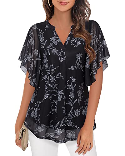 Timeson Ladies Tops and Blouses,Short Sleeve Tunic Tops for Women Loose Fit Henley V Neck Dressy Shirts for Leggings Summer Flowy Business Casual Work Attire Clothes for Office Multi-Black L