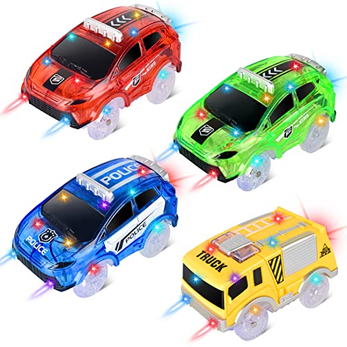 Tracks Cars Replacement only, Toy Cars for Magic Tracks Glow in The Dark, Racing Car Track Accessories with 5 Flashing LED Lights, Compatible with Most Car Tracks for Kids Boys and Girls (4pack)