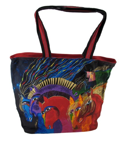 Zeckos Laurel Burch Wild Horses of Fire Multicolor Cotton Large Shoulder Tote Bag