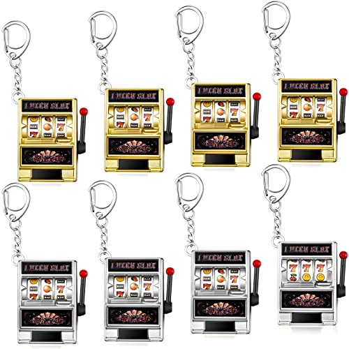 8 Pcs Slot Machine Keychain Mini Casino Key Chains Kawaii Keychain for Graduation Las Vegas Party Gifts Party Decorations, Golden and Silver