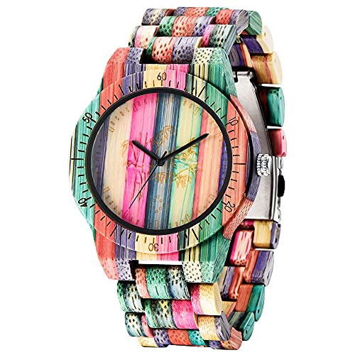 Tiong Fashion Colorful Wood Bamboo Pattern Wood Watch for Men, Handmade Quartz Movement Wood Watch Suitable for Gifts