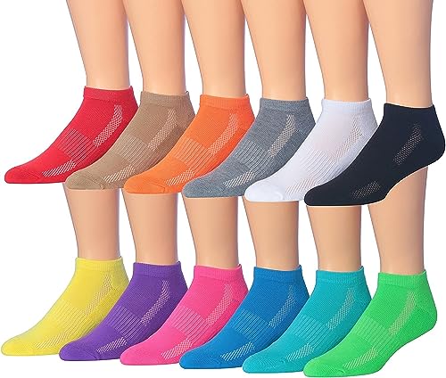 JAMES FIALLO Men's 12-Pairs Performance Solid Vibrant Rainbow Colored Low Cut Athletic Sport Socks, MS12-T1