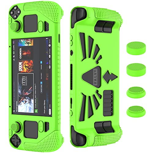 SUIHUOJI Steam Deck/Steam Deck OLED Standing Protective Case, Thickening Silicone Accessories Protector, Soft Cover Skin Shell with 2 Pairs Thumb Grips, Full Protection for Valve Stream Deck (Green)