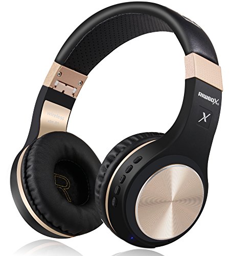 Riwbox Bluetooth Headphones, XBT-80 Folding Stereo Wireless Bluetooth Headphones Over Ear with Microphone and Volume Control, Wireless and Wired Headset for PC/Cell Phones/TV/iPad (Black Gold)