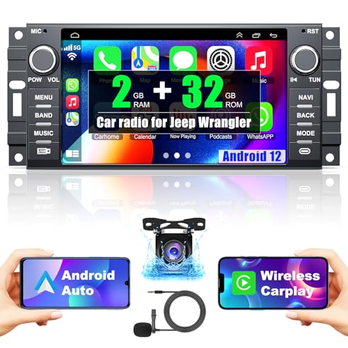 Android 12 Car Radio for Jeep Wrangler JK Compass Grand Cherokee Dodge Ram Chrylser,7 Inch Touchscreen Car Stereo Support Wireless Carplay/Android Auto/GPS/Bluetooth/Back-up Camera/SWC/FM, 2G+32G