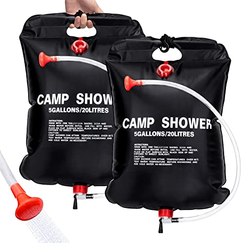 ailker 2 Pack Solar Shower Bag for Camp, 5 Gallons/20L Portable Camping Shower Bag with Removable Hose and On-Off Switchable Shower Head for Camping Beach Swimming Outdoor Traveling