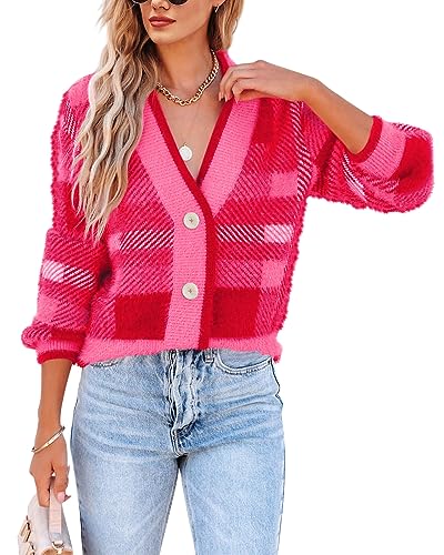 Imily Bela Women's Plaid Fuzzy Knit V Neck Button Down Long Sleeve Cozy Cardigans Pullover Top Sweater, Rose Red, Medium