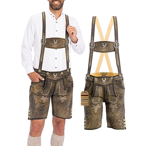 BAVARIA TRACHTEN Lederhosen Men Oktoberfest Costume - Genuine Leather, German Mens Lederhosen - Antique Waxed Brown - Short - US 30