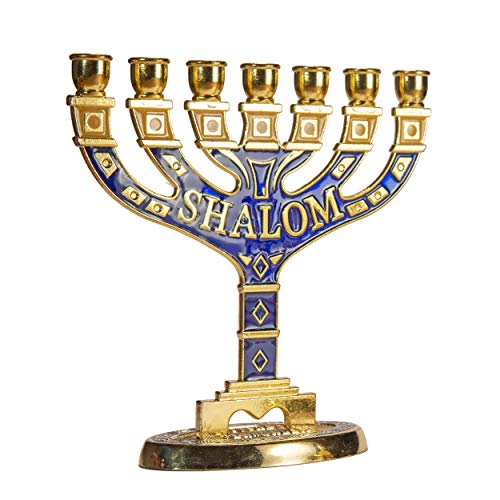 JL Kippha's Gold Jerusalem Candle Holder Decorative Judaica 7 Branch Shalom Israel Menorah Jewish Symbol 16 * 16cm