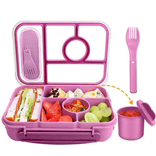 Dagugu Lunch Bento Box, Lunch Box Containers for Adults/Kids/Toddler,5 Compartments Bento Box with Leakproof Sauce Vontainers,Microwave/Dishwasher(Purple)