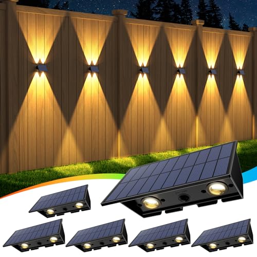 Solar Fence Lights, 6 Pack Fence Lights Solar Powered Warm White + RGB Up & Down Solar Wall Lights,Outdoor Waterproof 100 Lumens Super Bright Dusk to Dawn Deck Light for Yard/Pool/Railing/Patio/Porch