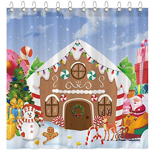Funnytree Christmas Gingerbread House Shower Curtain Set with Hooks Winter Merry Xmas Candy Gifts Santa Bathroom Bathtubs Decor Easy Care Washable Durable Polyester Fabric 72'x72'
