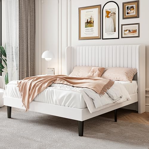 SHA CERLIN Queen Size Velvet Bed Frame with Vertical Channel Tufted Wingback Headboard, Upholstered Platform Bed with Wood Slats, No Box Spring Needed, Easy Assembly, White