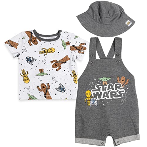 STAR WARS R2-D2 Yoda Chewbacca Infant Baby Boys Short Overalls Graphic T-Shirt and Hat 3 Piece Outfit Set Grey 18 Months