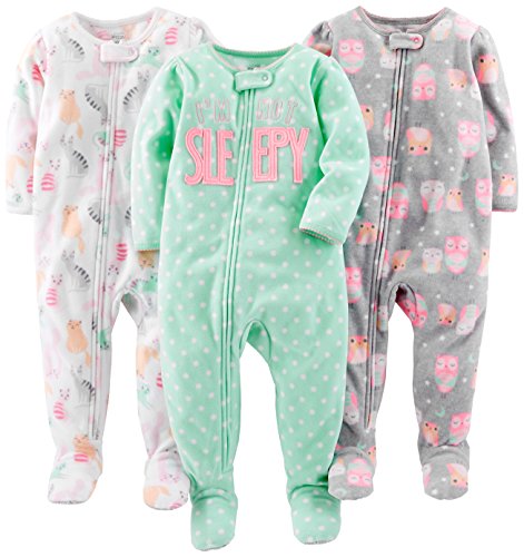 Simple Joys by Carter's Baby Girls' 3-Pack Loose Fit Flame Resistant Fleece Footed Pajamas, Cat/Dots/Owls, 24 Months
