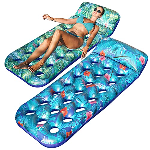 FindUWill Inflatable Pool Floats Raft, 2 Pack Pool Floats with Headrest for Adults, X-Large, Cooling Pool Floaties Contour Lounger (Monstera Green & Monstera Blue)