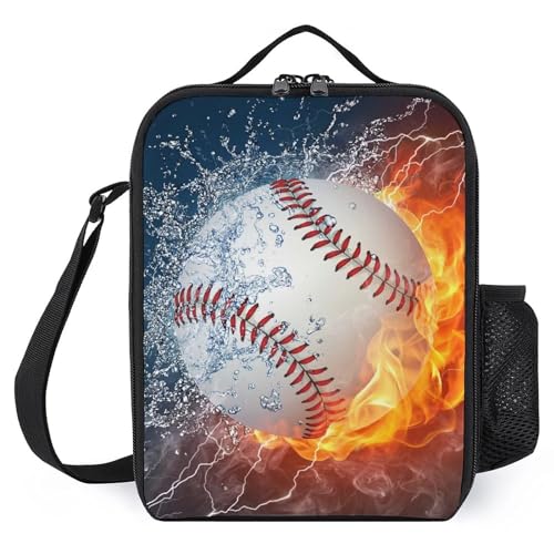 CustomART Insulated Lunch Box for Girls Boys, Leakproof Portable Lunch Bags with Adjustable Shoulder Strap and Side Pocket, Reusable Cooler Tote Bag for Beach/Picnic/Office/Collega (Fire Baseball)