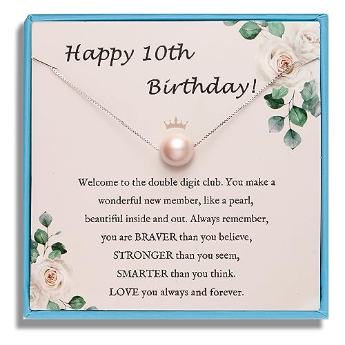 Sereney 10th Birthday Gifts for Girls S925 Sterling Silver Pink Pearl Necklace as Gifts for 10 Year Old Girl, Adjustable Length 10 Birthday Ideas for Girls Trendy 2024