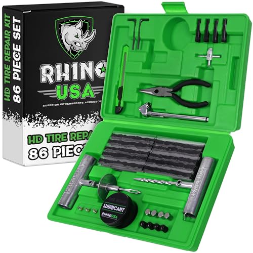 Rhino USA Tire Plug Repair Kit (86-Piece) Fix Punctures & Plug Flats with Ease - Heavy Duty Flat Tire Puncture Repair Kit for Car, Motorcycle, ATV, UTV, RV, Trailer, Tractor, Jeep, Etc