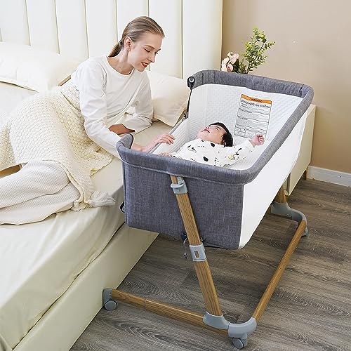Pamo babe Baby Bassinet Bedside Sleeper for Newborn Bed Crib with Breathable Mesh Sides Co-Sleeping Bedside Crib for Infant Breastfeeding with Height-Adjustable and Wheels, Z-Type Stable Frame