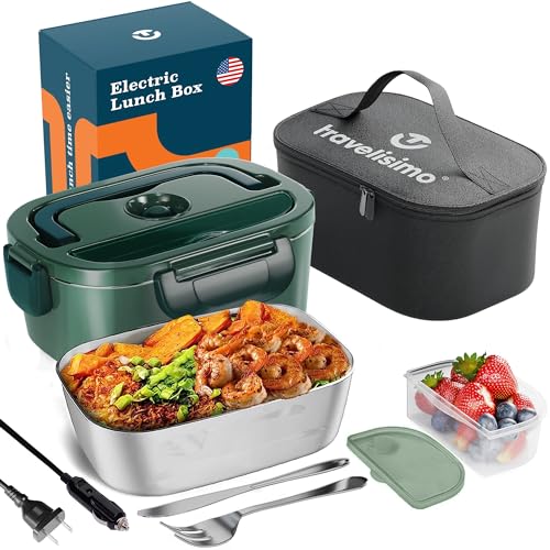 TRAVELISIMO Electric Lunch Box for Adults 80W Fast Portable Heated Lunch Box, 12/24/110V 1.5L Heating Lunch Box, SS Container, for Car Truck Work, Loncheras para Hombres de Trabajo