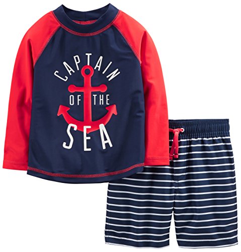 Simple Joys by Carter's Boys' Swimsuit Trunk and Rashguard Set, Navy Red Anchor/White Stripe, 4T