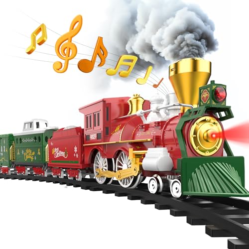 Hot Bee Christmas Train Set for Christmas Tree, Train Toys w/Realistic Smoke, Lights & Sounds, Toy Train w/Steam Locomotive, Tracks & Cards, Christmas Toys Gifts for 3 4 5 6 7 8+ Year Old Boys Girls