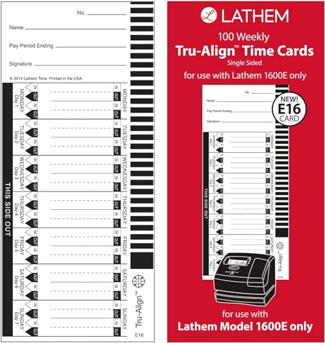 Lathem TruAlign E16 Time Cards for 1600E, Weekly, 1-Sided, 4' x 9', White, Box of 100, (E16-100)