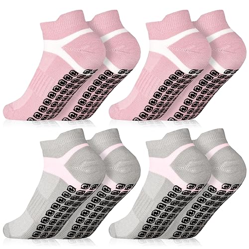 Jspupifip 4 Pairs Non Slip Pilates Socks witth Grips, Unisex Non-Slip Yoga Socks, Cotton Football Socks with Cushion Athletic Socks (Grey, Pink)