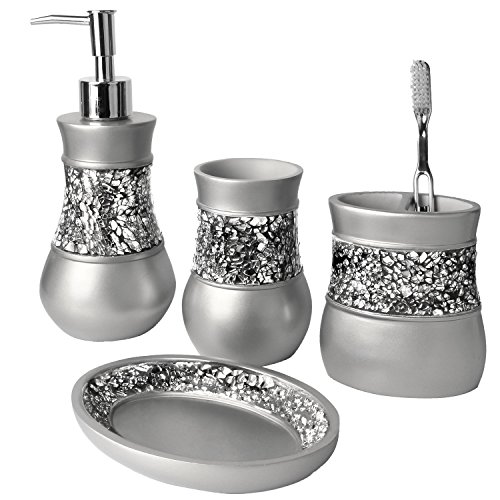 Silver Bathroom Accessories Sets Complete - Mosaic Glass Bathroom Decor Sets - 4 Piece Bathroom Soap Dispenser Set Includes: Lotion Dispenser, Toothbrush Holder, Soap Dish & Tumbler (Brushed Nickel)