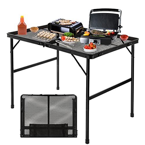 Grovind Folding Grill Table Camping Table with Mesh Desktop, Lightweight 3 FT Metal Table for Outside, Height Adjustable Portable Grill Table for Camping, Picnic, Beach and BBQ, RV