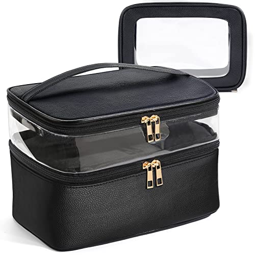 MAGEFY 2 PCS Travel Cosmetic Bags Leather Double Layer Organizer Clear Toiletry Bag Black Makeup Bags for Women Gifts with Adjustable Dividers