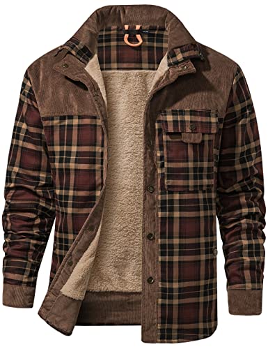 Flygo Men's Outdoor Casual Vintage Buck Fleece Sherpa Lined Flannel Camp Plaid Shirt Jacket(Coffee-L)