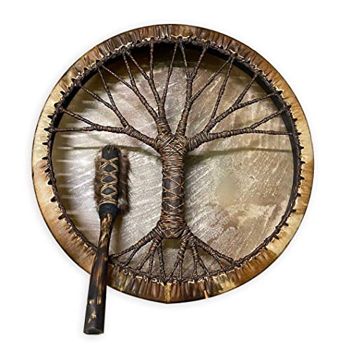 QNQA Shaman Drum, Tree of Life Decoration Design, Handmade Shamanic Drum, Symbol of the Siberian Drum Spirit Music,Leather + Wood, QNQA-4