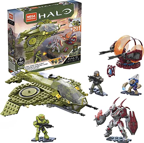 Mega Halo Infinite Toy Vehicle Building Set, UNSC Wasp Onslaught Aircraft with 4 Poseable, Collectable Micro Action Figures and Accessories