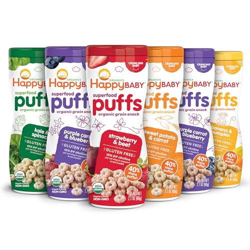 Happy Baby Organic Superfood Puffs, Variety Pack, Flavors May Vary, 2.1 Ounce (Pack of 6)