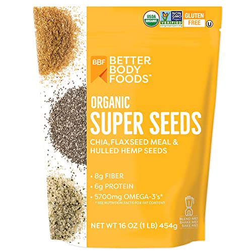 BetterBody Foods Superfood Organic Super Seeds - Blend of Organic Chia Seeds, Milled Flax Seed, Hemp Hearts, Add to Smoothies Shakes & More, 1lb, 16 oz