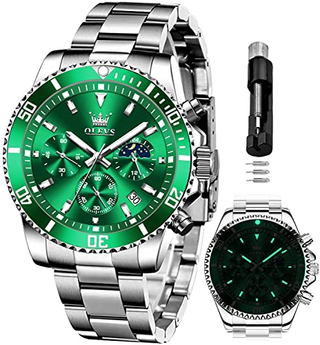 OLEVS Mens Watches Green Chronograph Luxury Dress Moon Phase Quartz Stainless Steel Waterproof Luminous Business Calendar Wrist Watch
