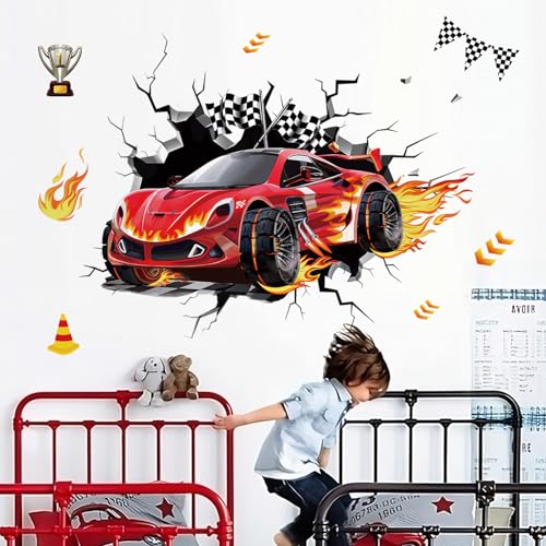 decalmile 3D Racing Cars Wall Decals Red Cars Flags Wall Stickers Baby Nursery Boys Bedroom Kids Room Wall Decor Gifts for Kids