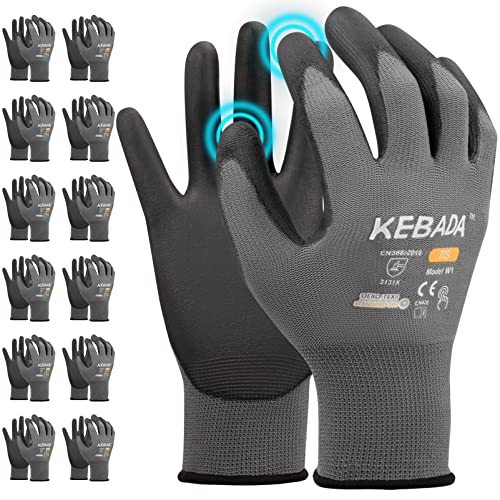 Kebada W1 Work Gloves for Men and Women with Grip,12 Pairs Bulk Pack Mechanic Gloves,PU Coating on Palm & Fingers,Breathable Mens Gardening Touchscreen,Lightweight,Gray Large