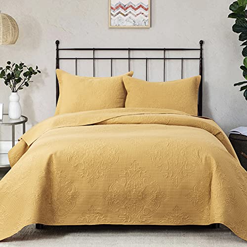 Jupitex Matelasse Coverlet Bedspread Quilt Queen Size, 90x96 Textured Lightweight Quilt, 3 Pcs Ultrasonic Embossed Bedding, Soft Breathable Bedspread, Yellow Quilt Bedspread Coverlet