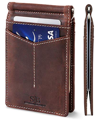 SERMAN BRANDS RFID Blocking Wallet Slim Bifold - Genuine Leather Minimalist Front Pocket Wallets for Men with Money Clip Gift (Texas Brown Rogue)