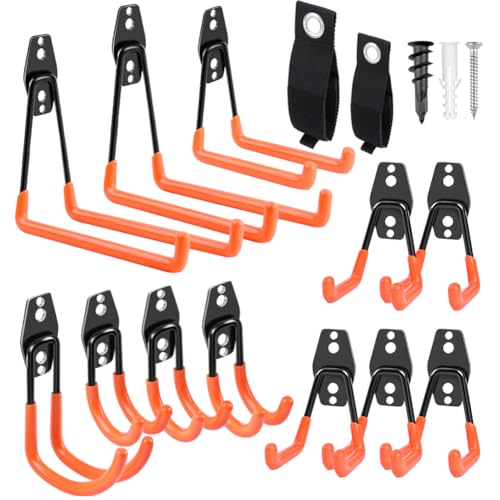 Garage Hooks Heavy Duty 14 Pack, Steel Garage Storage Hooks, Tool Hangers for Garage Wall Utility Wall Mount Garage Hooks and Hangers with Anti-slip Coating for Garden Tools, Ladders, Bulky Items