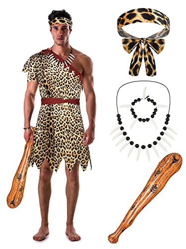 5 Pcs Halloween Caveman Costume Caveman Tunic Kit Include Inflatable Cave Bat Jungle Fake Tooth Necklace Bracelet for Halloween Cosplay Decoration