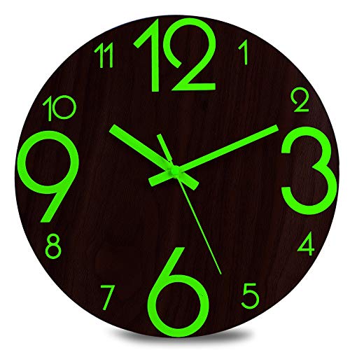Plumeet Luminous Wall Clock - 12'' Non-Ticking Silent Wooden Clocks with Night Light - Large Decorative Wall Clock for Kitchen Office Bedroom,Battery Operated (Brown Face)